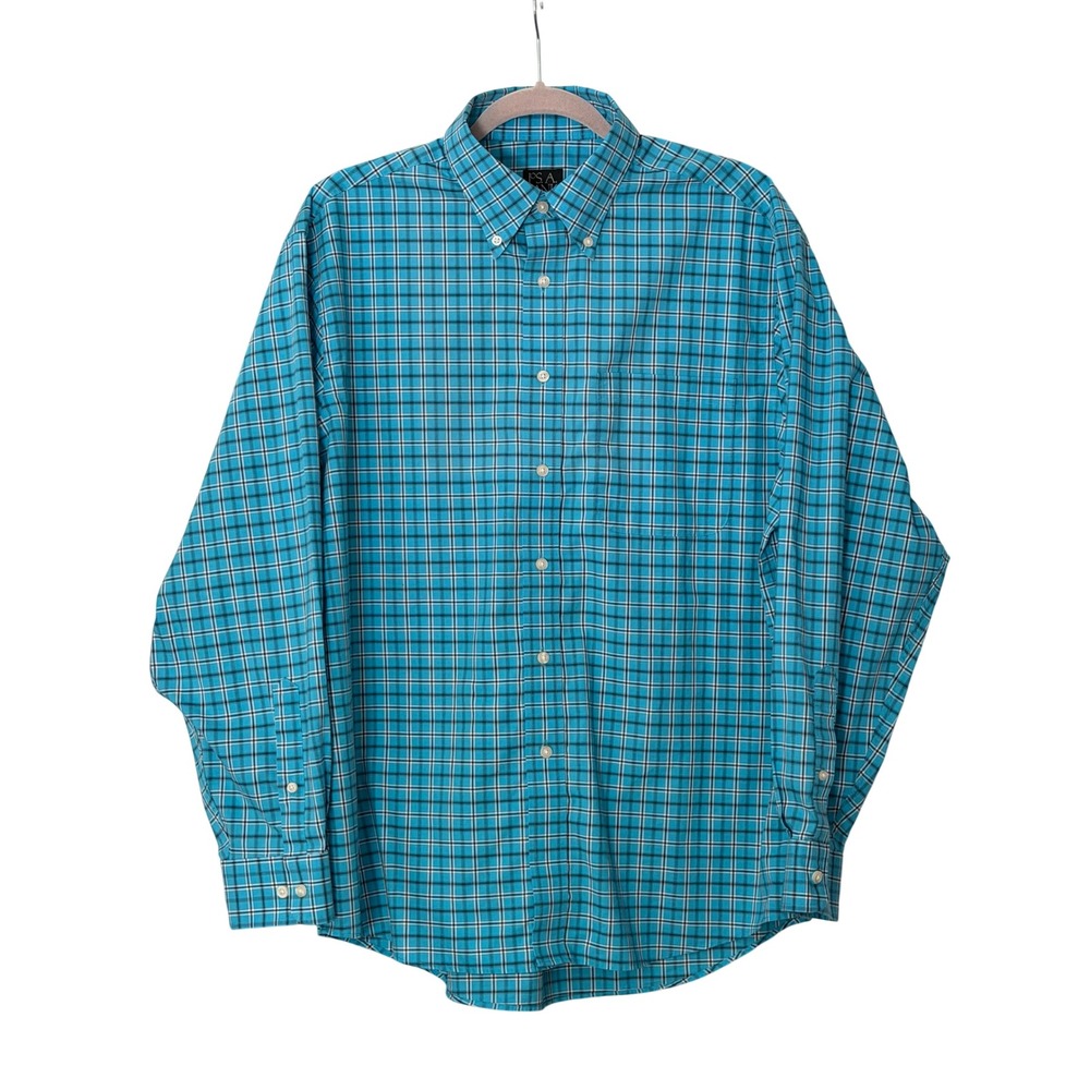 Jos A. Bank Men's L Executive Collection Aqua Blue Plaid Dress Shirt | SKU 1056
